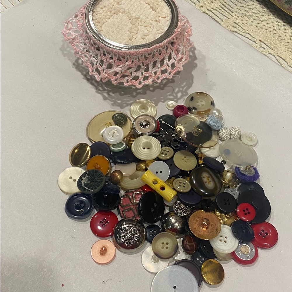 Buttons in Half Pint Ball Canning Jar Vintage Buttons Chenille and Lace